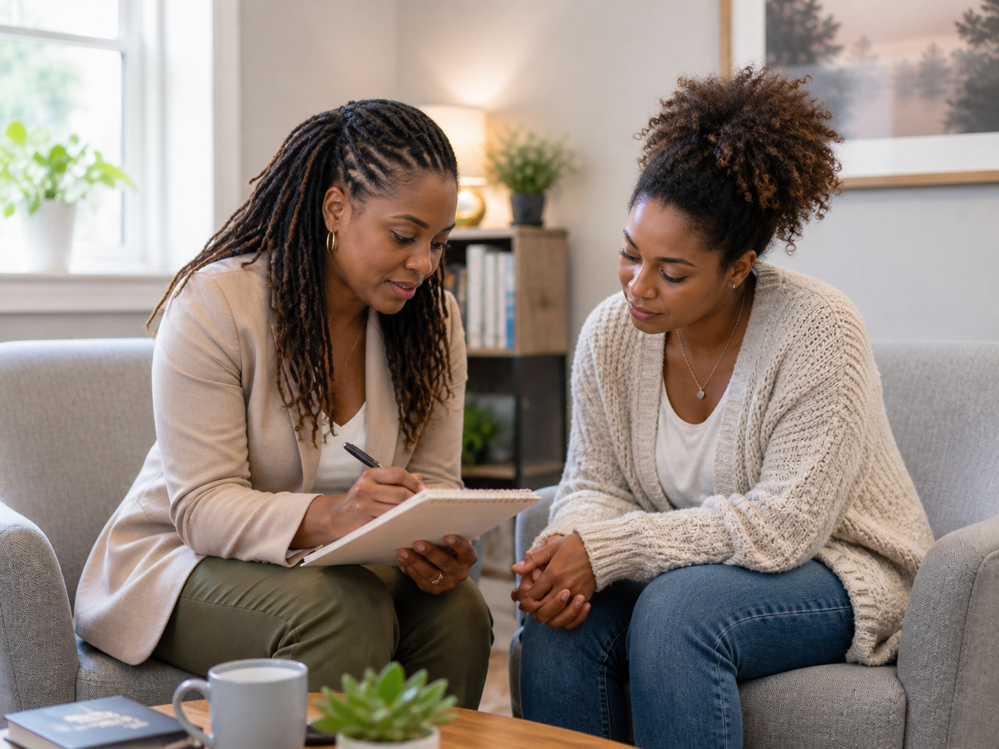 Two women sitting on a light gray couch, one taking notes, having a serious conversation in a cozy living room with a window, plants, and a bookshelf.