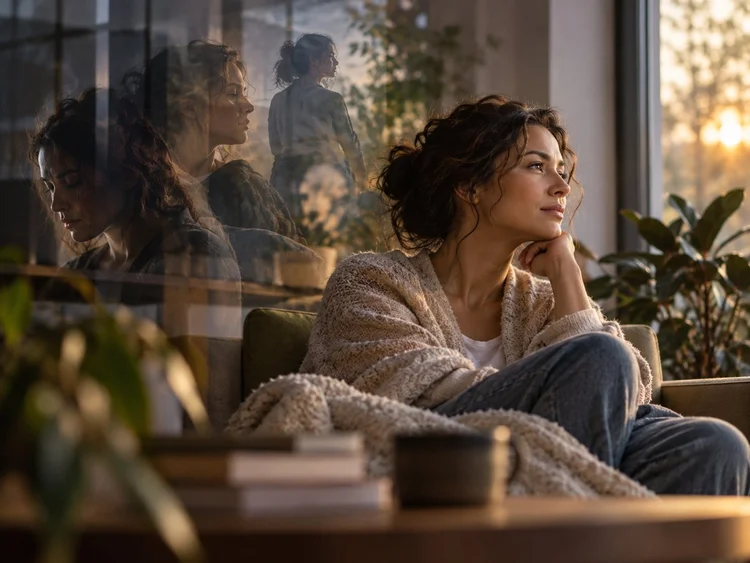 A woman sitting by a window, her reflection in the glass beside her