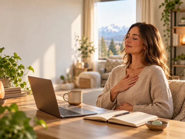 A woman taking a quiet moment to breathe beside her laptop