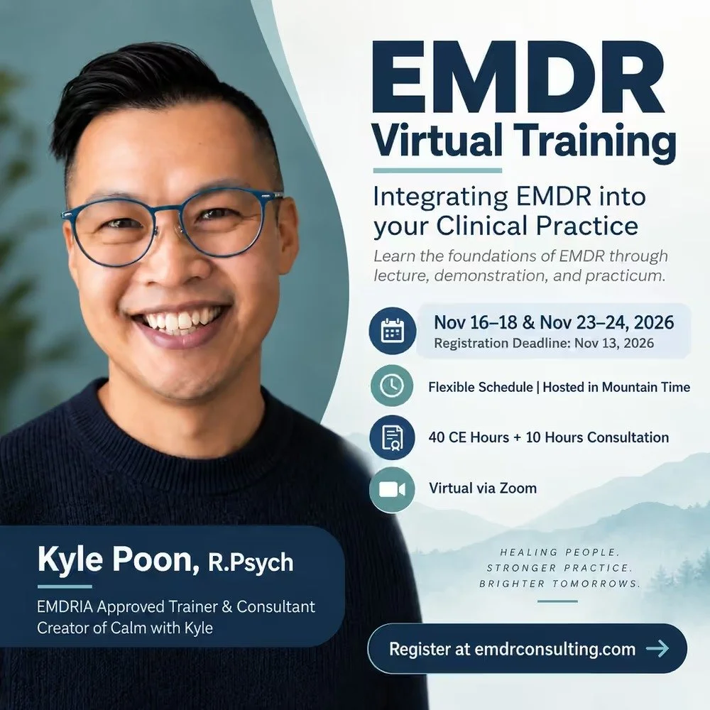 EMDR Virtual Training poster with Kyle Poon, R.Psych, EMDRIA Approved Trainer: Nov 16–18 and 23–24, 2026, live on Zoom in Mountain Time