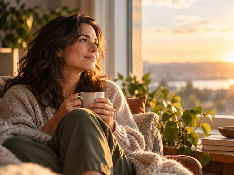 A woman holding a mug and smiling, looking out a window at the evening light
