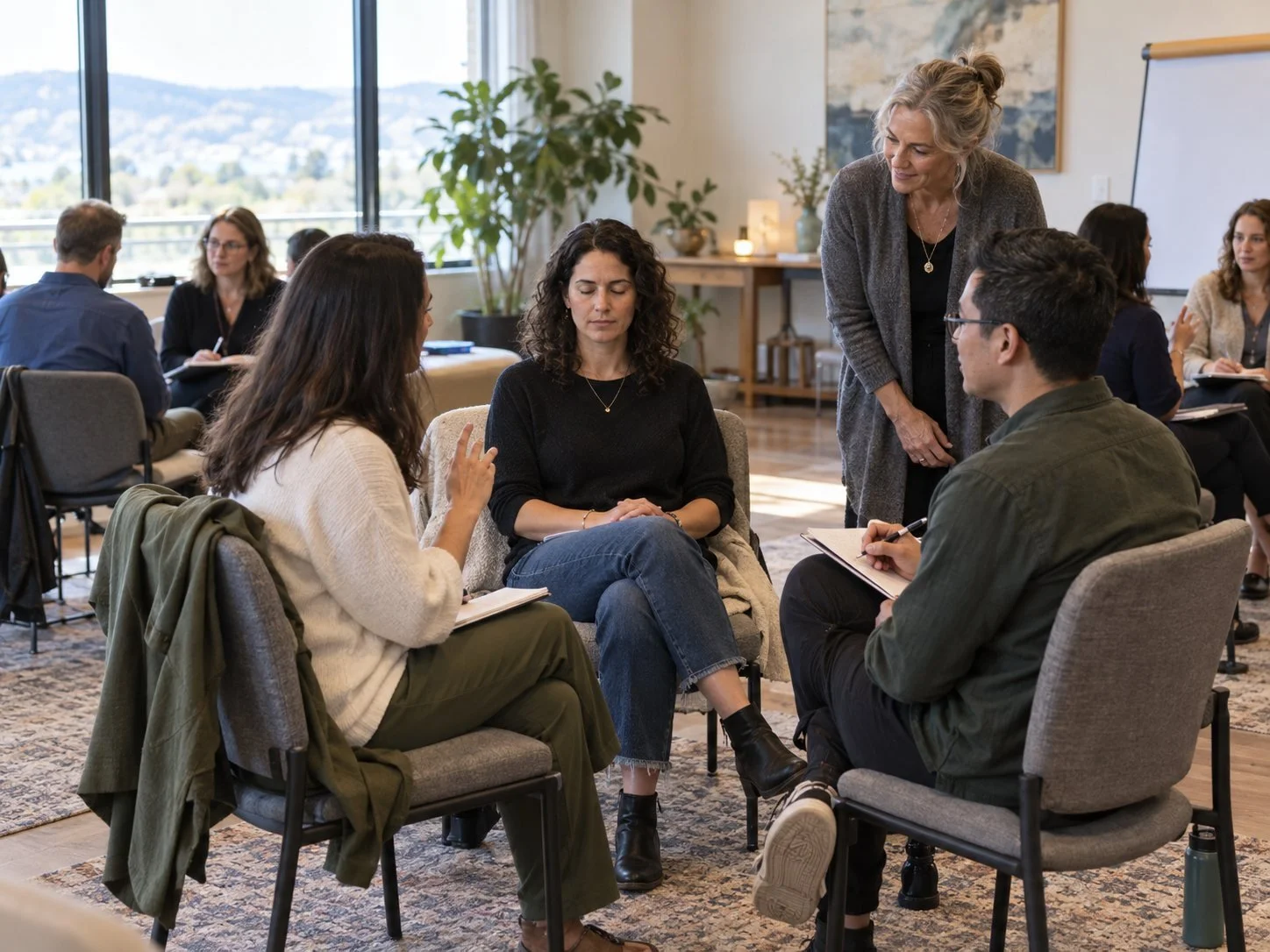 Clinicians practising EMDR in small groups while a facilitator supervises