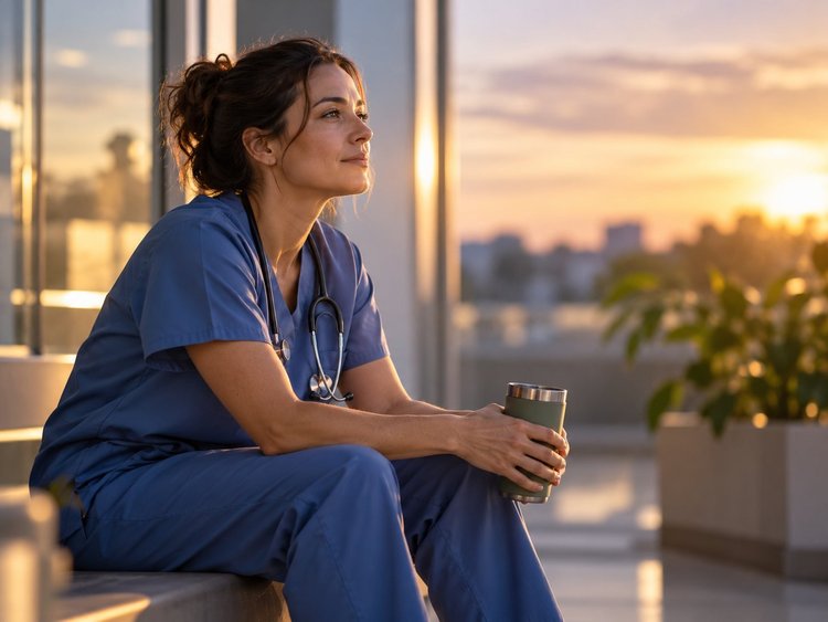 A nurse in scrubs holding a coffee by a window at sunrise