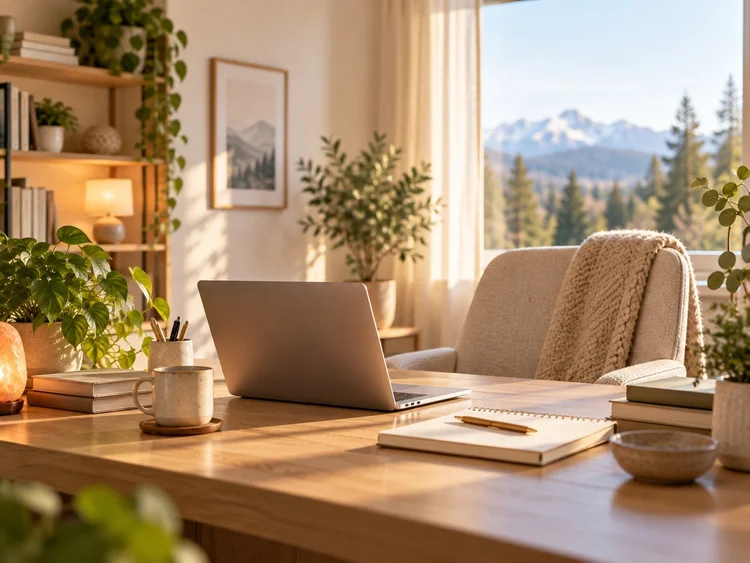 A comfortable home workspace with a laptop ready for an online therapy appointment