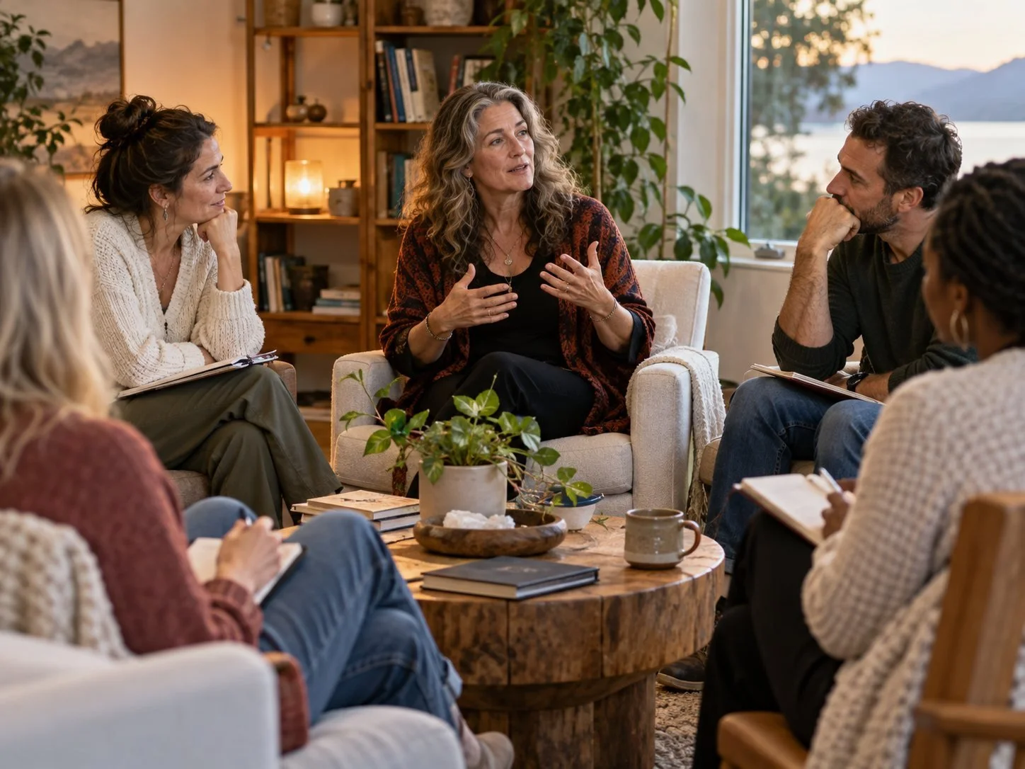 Small group of clinicians talking in a circle during EMDR group consultation
