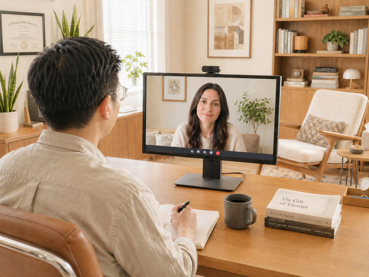 A man having a video call with a woman on a computer monitor in a cozy home office or living room, with books, plants, and framed artwork in the background.