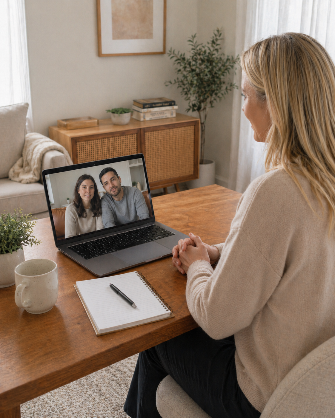 Woman participating in a video call with a man and woman on her laptop, sitting at a wooden table in a cozy living room with plants and artwork.