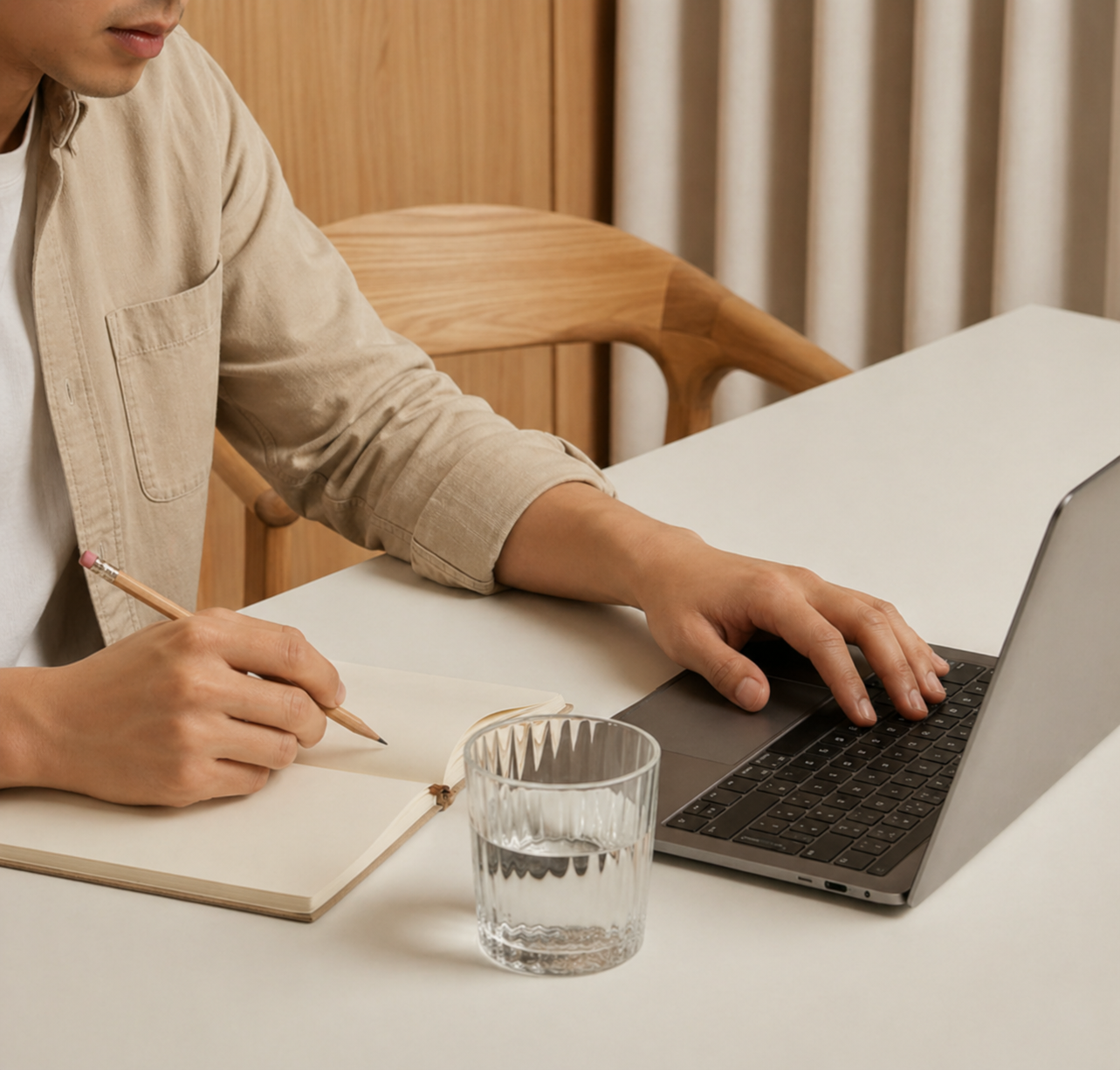 Person working on a laptop and taking notes in a notebook on a white desk with a glass of water nearby.