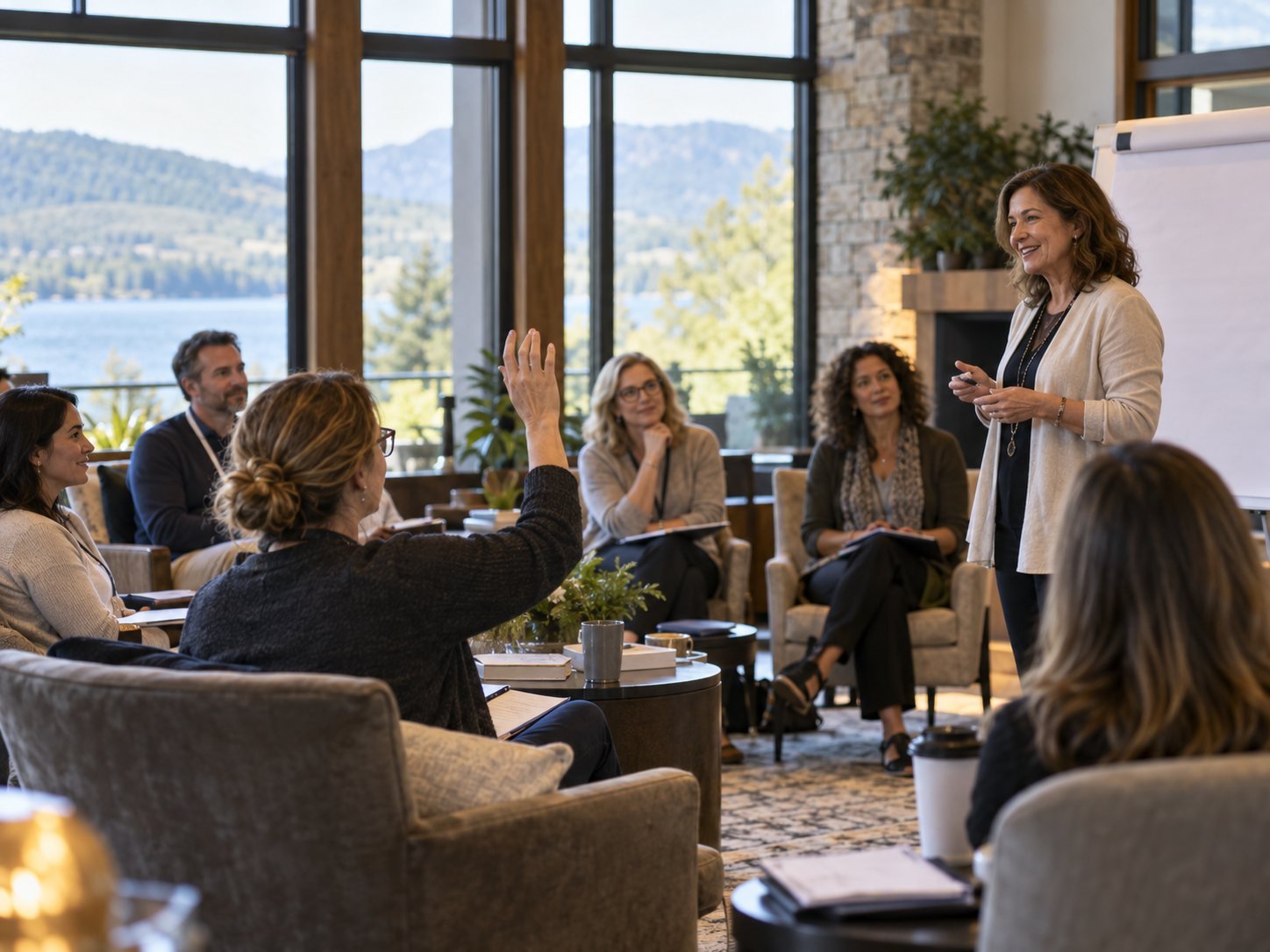 Clinician raising a hand to ask a question during an EMDR training session