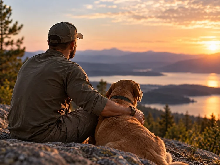 A man and his dog sitting together on a rocky hillside, watching the sunset over a lake