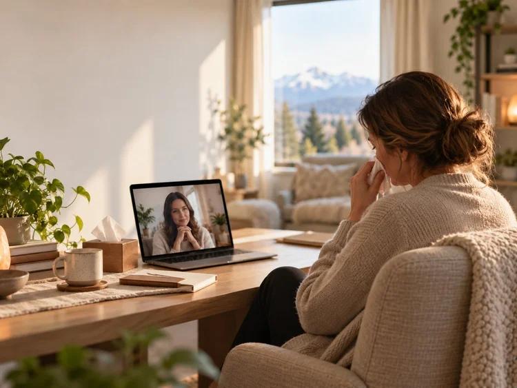 A woman at home in an online therapy session, holding her hand to her face