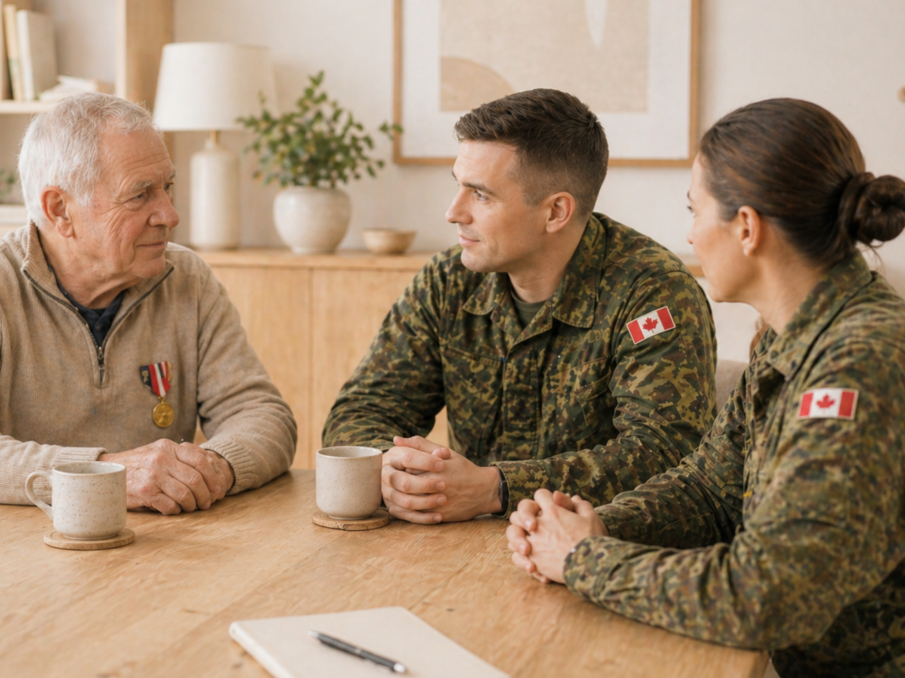 An elderly man and two military personnel, a man and a woman, having a conversation at a wooden table with coffee mugs. Both military members are wearing Canadian flag patches.