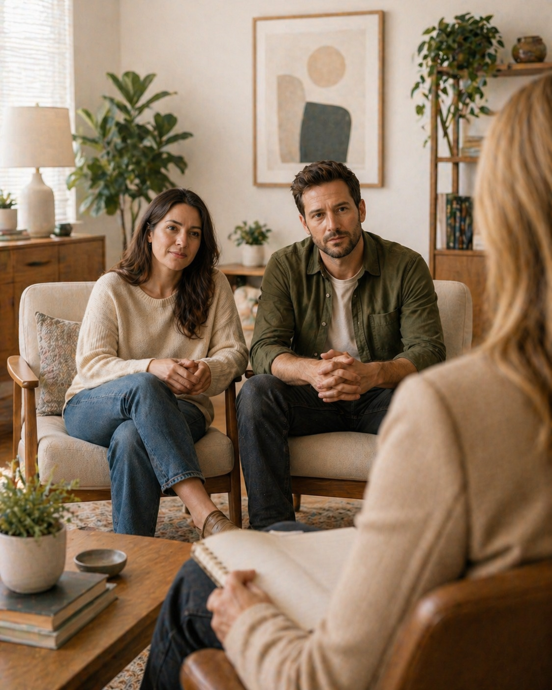 A couple attending a counseling session with a therapist in a cozy living room with artwork and plants.