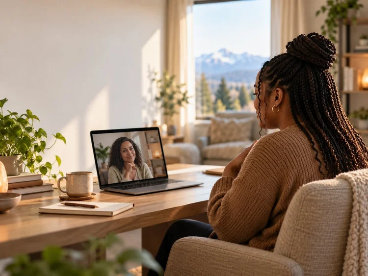 A woman in an online therapy session from her home, with her therapist on a laptop screen