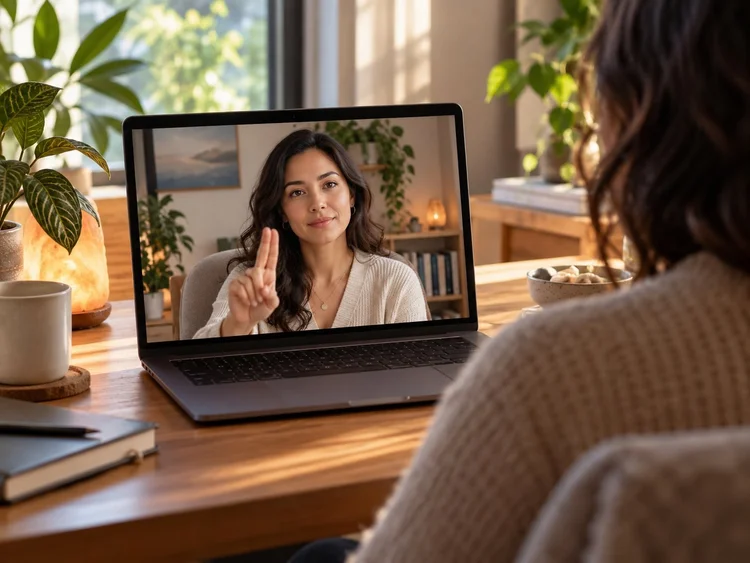 A client at home in an online therapy session, with her psychologist smiling on the laptop screen