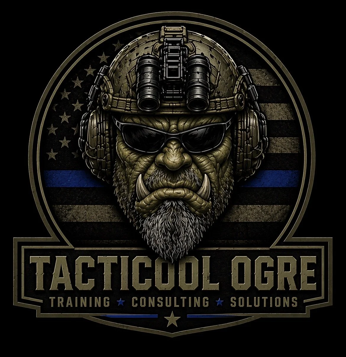 Logo featuring a fierce military-style ape with a beard, sunglasses, helmet, binoculars, and tusks, set against a black background with an American flag and a blue line, with the text 'Tacticool Ogre' and 'Training', 'Consulting', 'Solutions'.