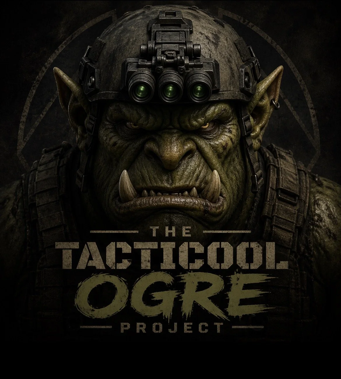 Close-up of a fierce orc soldier with green skin, large tusks, and pointed ears, wearing military gear and a helmet with night vision goggles, alongside the text 'The Tacticsool Ogre Project'.