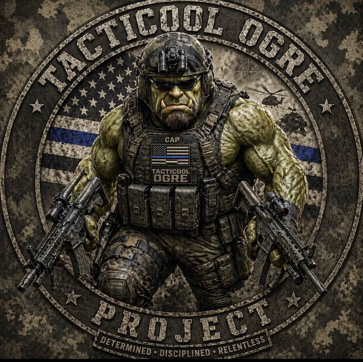 A muscular orc soldier wearing tactical gear, sunglasses, and a helmet with night vision goggles, holding two rifles. The background features a military patch with a blue line and a flag with a black and white American flag design, a helicopter, and target symbols. The circular patch reads 'Tactical School of Ogre Project' with words 'Determined, Disciplined, Relentless' at the bottom.