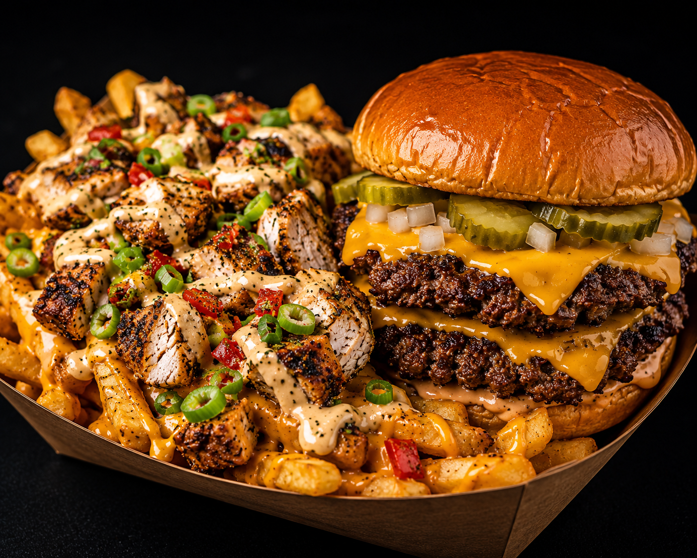Smash burger with a side of loaded jerk chicken fries