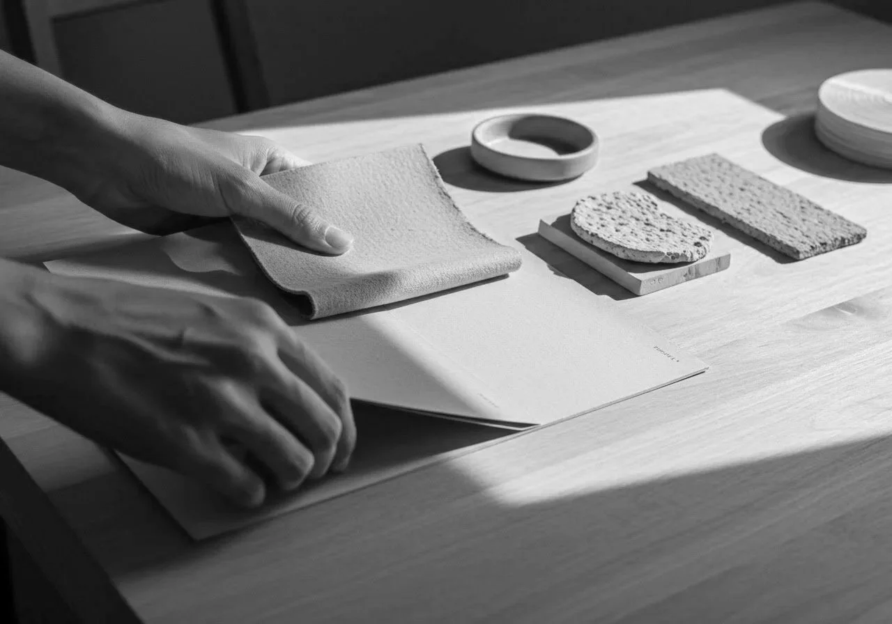 Hands arranging textile and sample materials on a wooden table, with round and rectangular samples nearby.