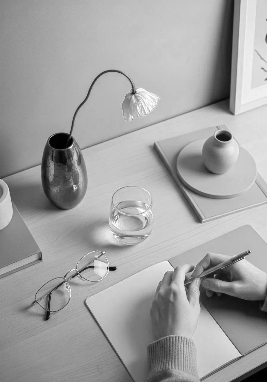 A minimalist desk setup in black and white featuring a person's hands writing on a notepad, a pair of glasses, a glass of water, a metallic vase with a wilted flower, a small ceramic vase, and a stack of books.