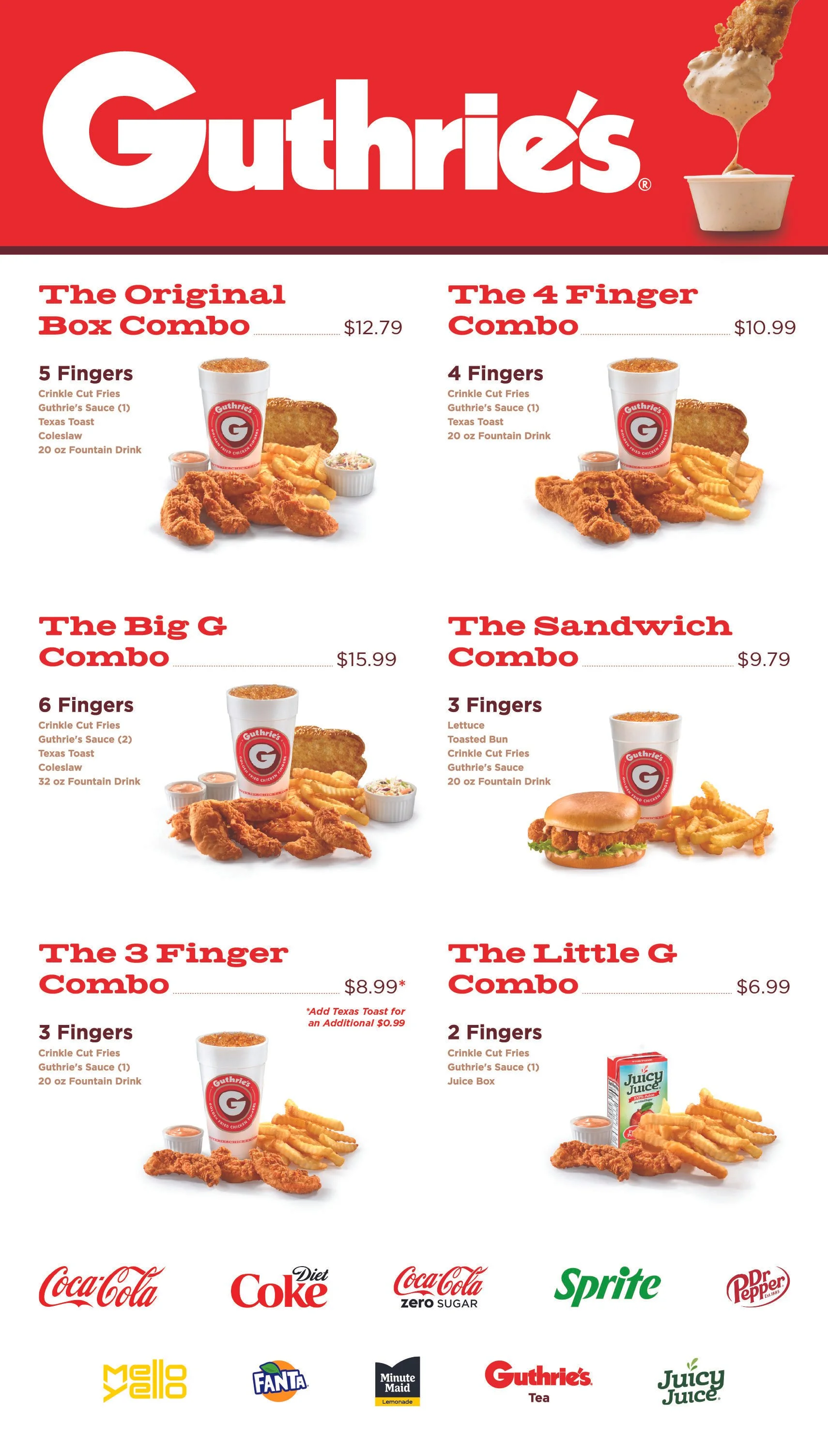 Menu featuring various fast food combos at Guthrie's with images of fried chicken strips, fries, Texas toast, drinks, and side items, with logos of soft drink brands and juice drinks at the bottom.