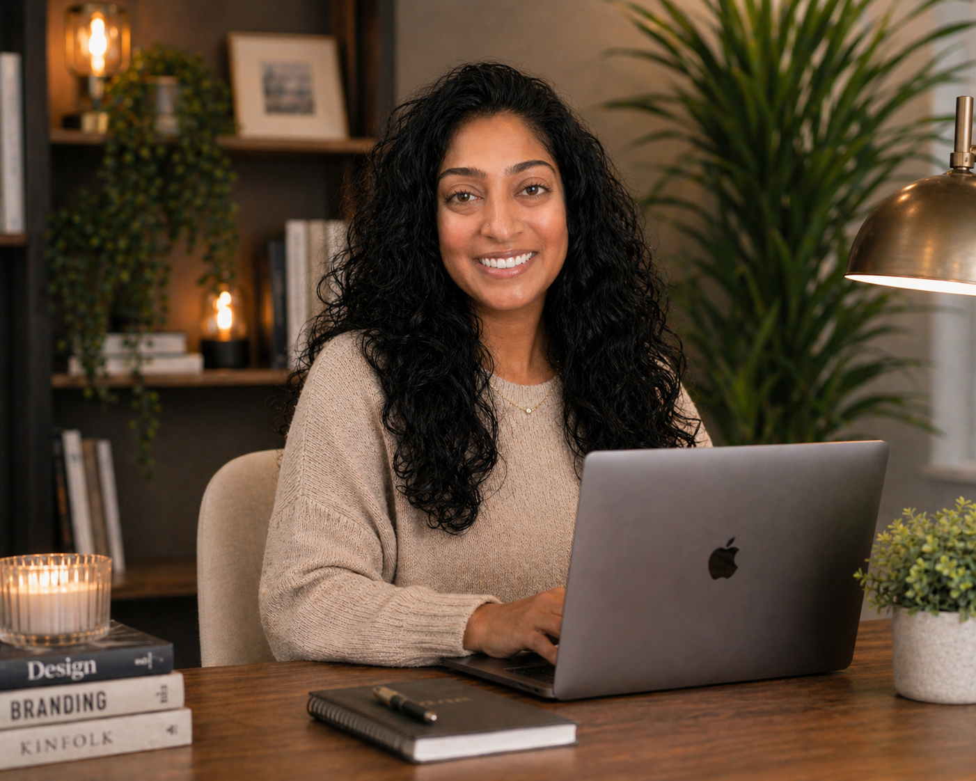 A woman with curly black hair wearing a beige sweater, smiling at the camera while sitting at a wooden desk with a laptop, books, a notebook, and a pen, in a cozy home office with plants and warm lighting.