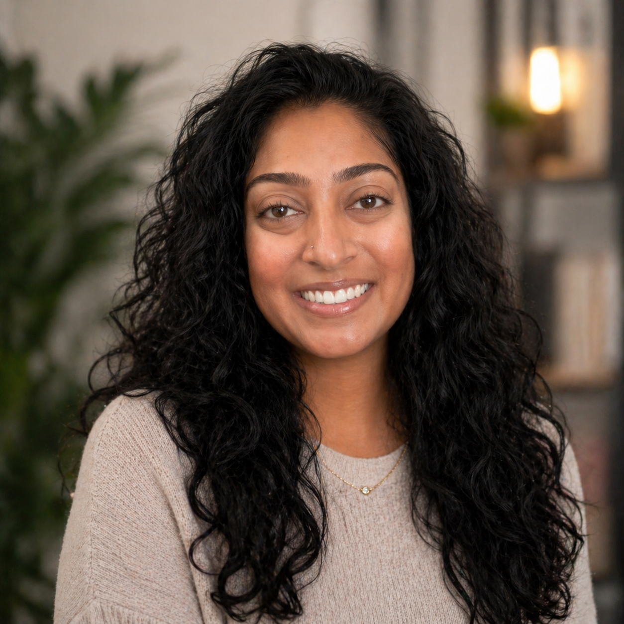 A woman with long curly black hair, smiling, wearing a beige sweater and a delicate necklace, in a cozy indoor setting with blurred background.