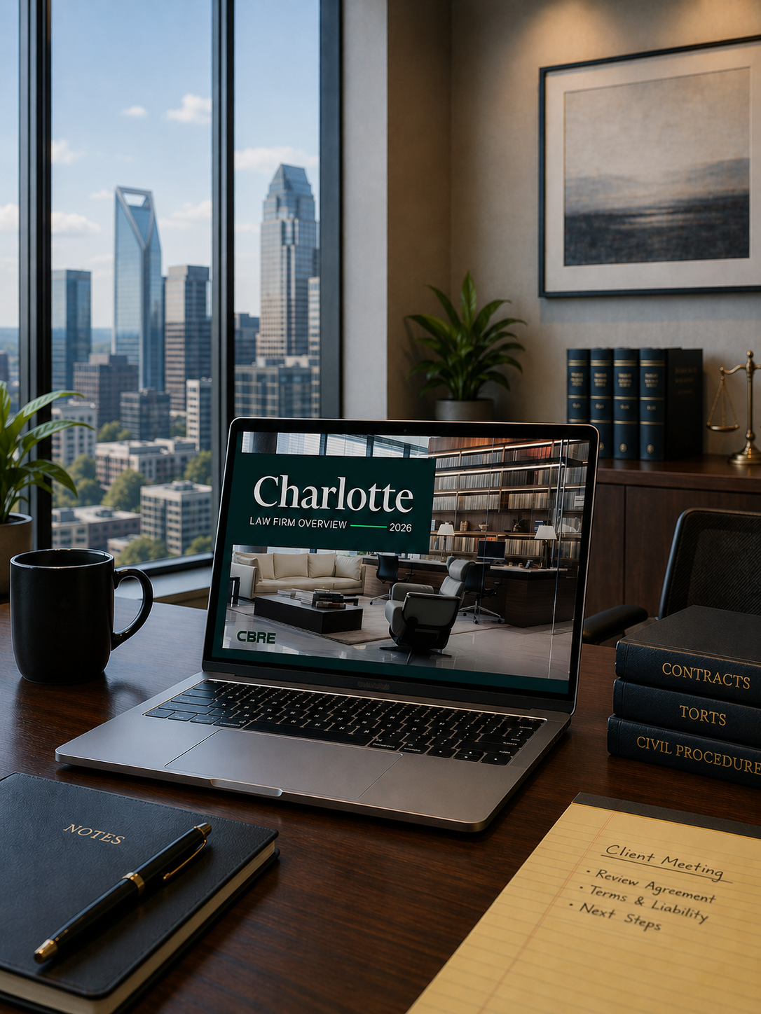 Office desk with a laptop displaying a law firm overview for Charlotte in 2026, a black coffee mug, a black notebook with a pen, a yellow notepad with client meeting notes, a stack of law books, and a view of city skyscrapers through large windows.