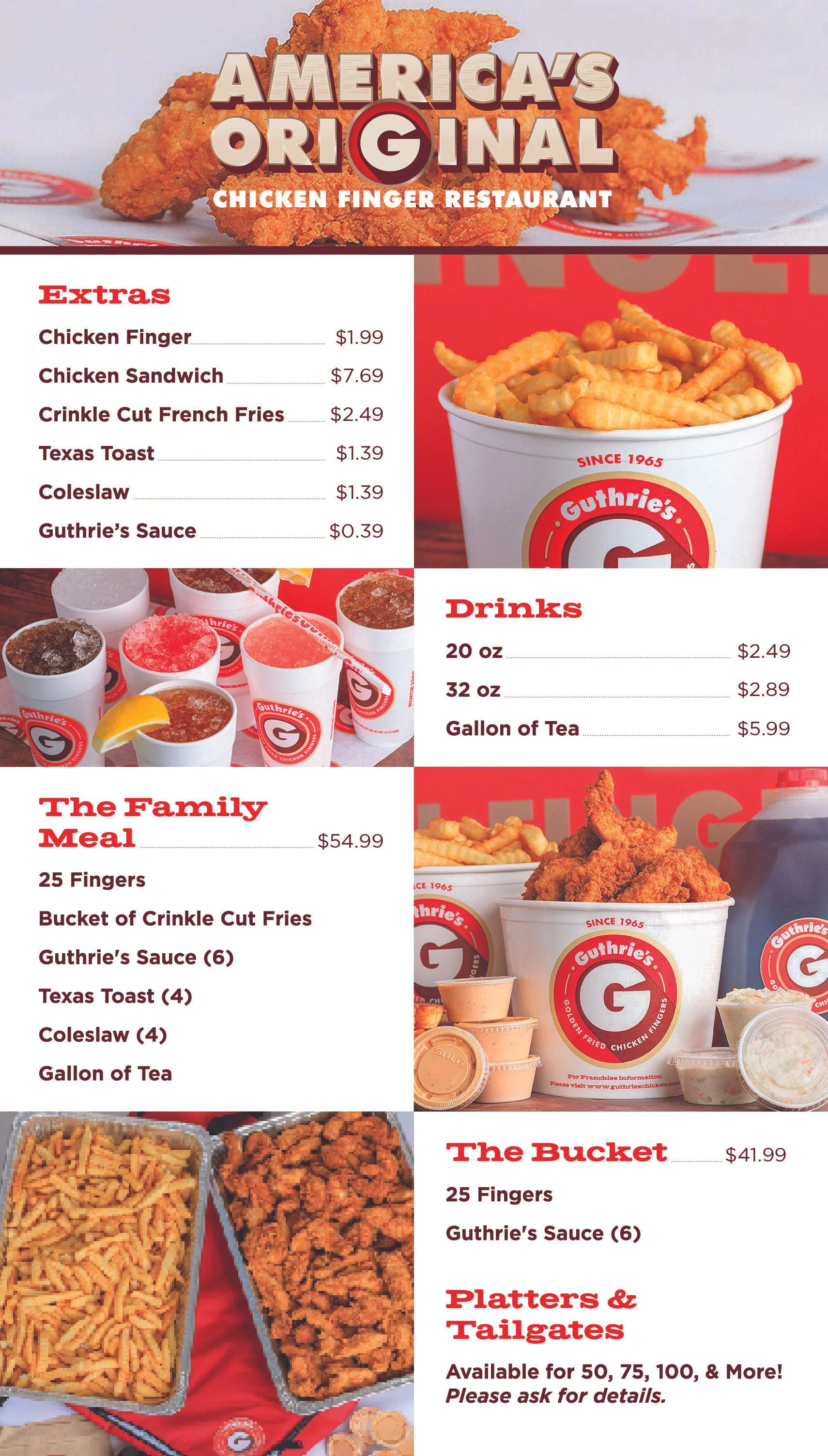 Menu for Guthrie's Chicken Finger Restaurant featuring chicken finger meals, sides, and drinks.