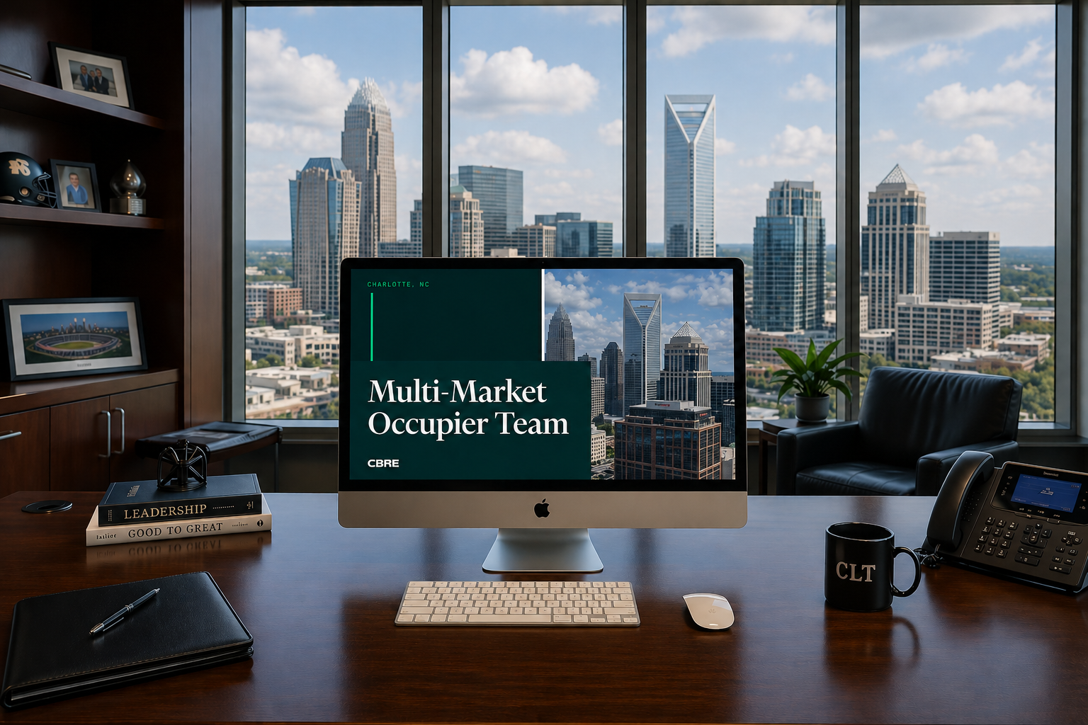 An office with a view of Charlotte, North Carolina's city skyline during the daytime, seen through large windows. The desk has an iMac displaying a presentation titled "Multi-Market Occupier Team" by CBRE, a black coffee mug with initials "CLT," a black phone, a keyboard, a mouse, a notebook, a pen, and books titled "Leadership" and "Good to Great." There is a black chair with a potted plant nearby, and books and framed photos on the shelf to the left.