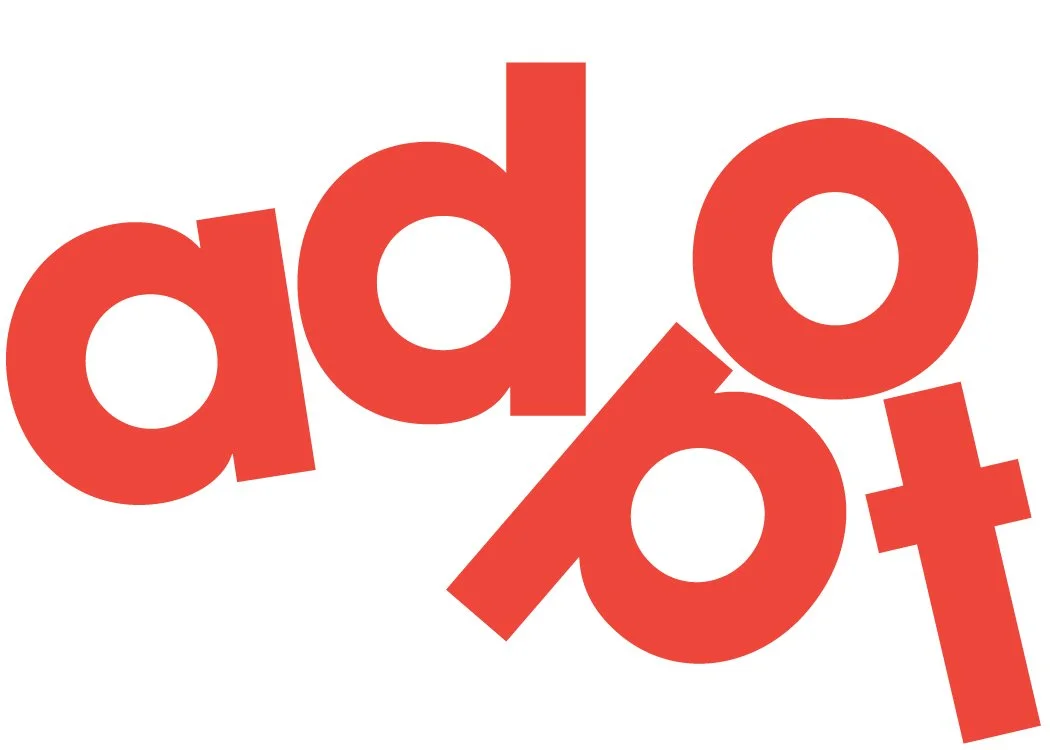 Red lowercase letters spelling 'adopt' scattered on a white background.