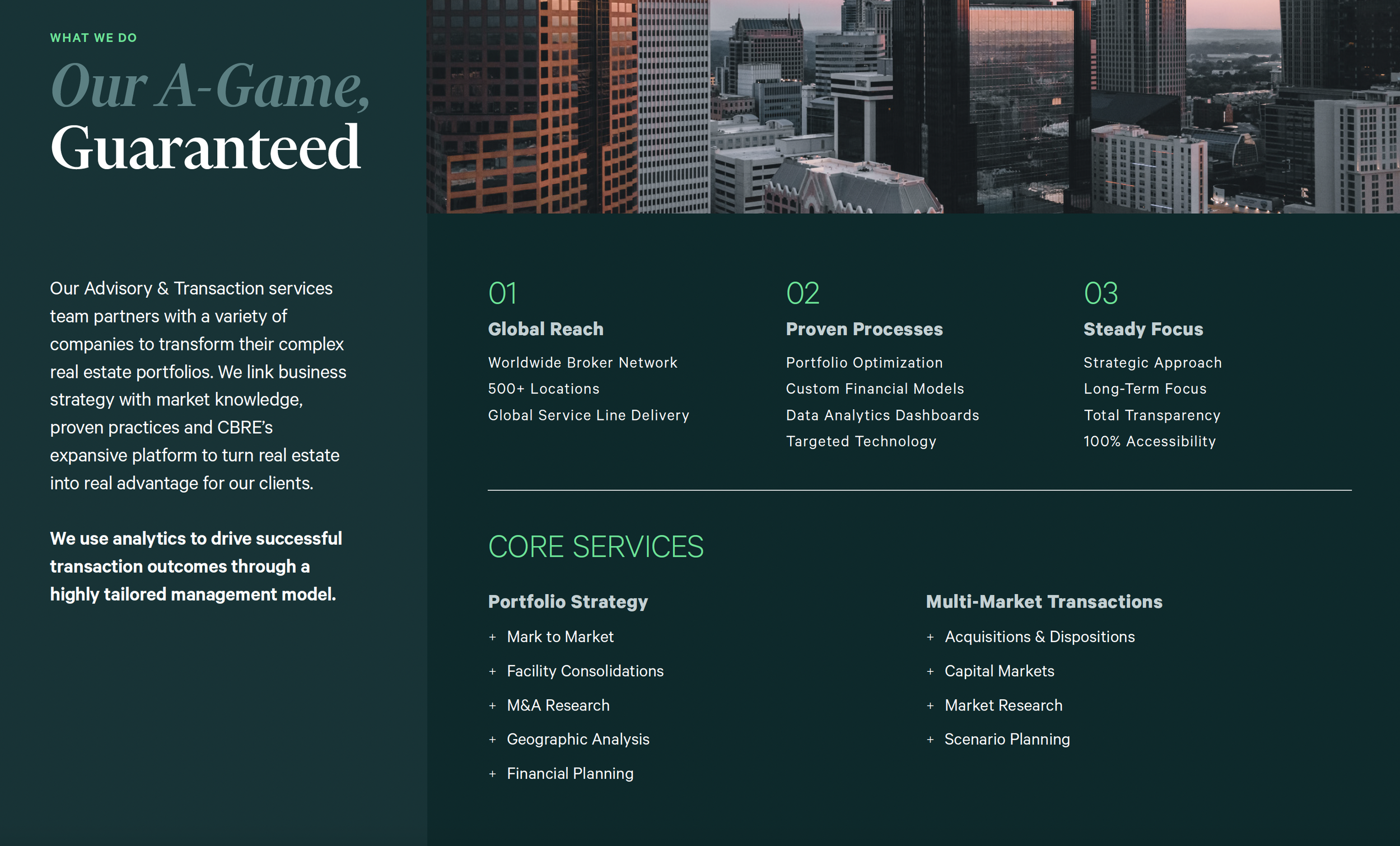 A section of a website or presentation slide with a city skyline background at sunset. The content highlights company services, including advisory and transaction services, core service areas, and business strategies.