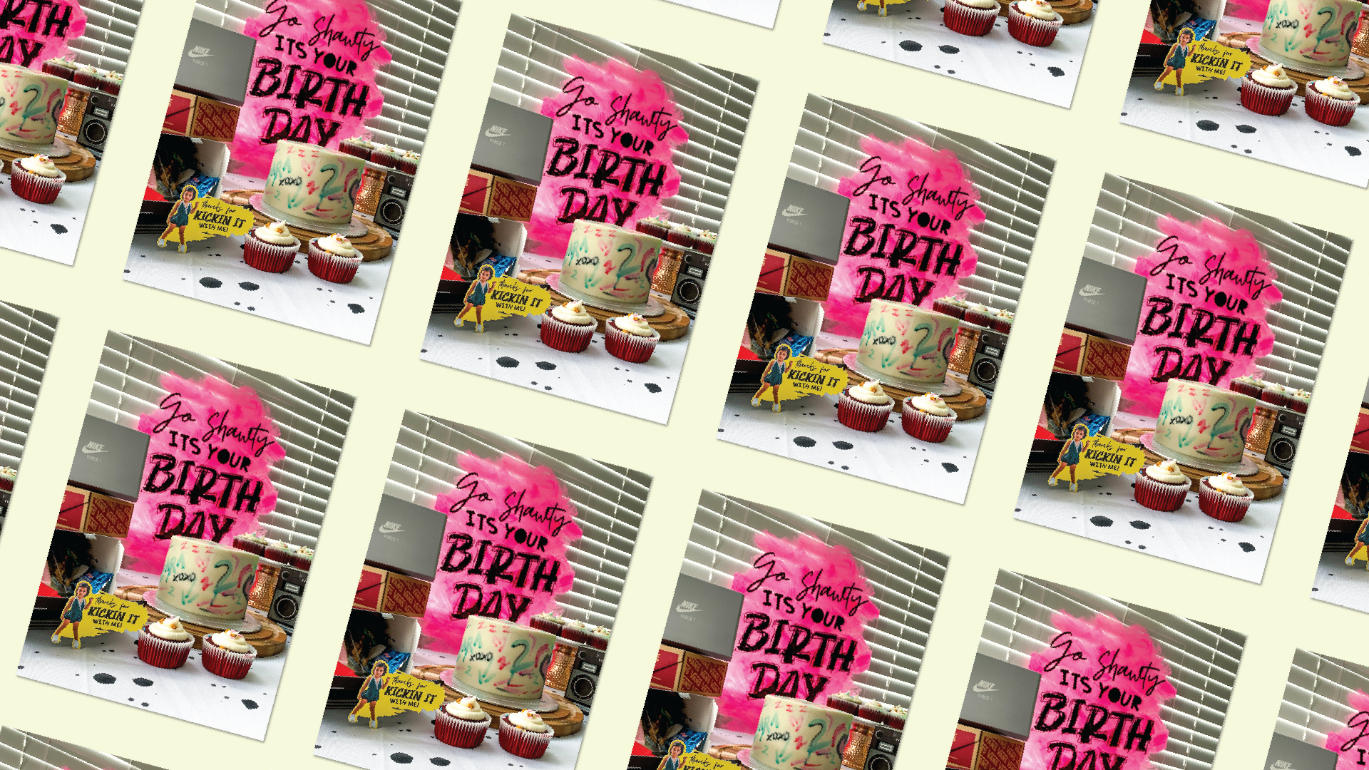 Multiple birthday celebration images featuring cupcakes, a decorated cake, and birthday decorations with a pink sign that reads "Jo Shouty it's your BIRTH DAY."