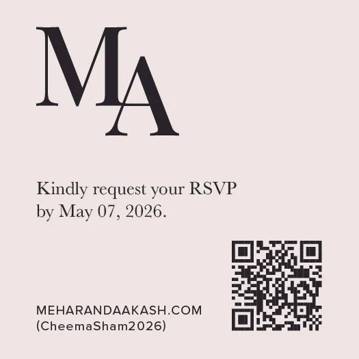 Wedding invitation with initials 'MA', RSVP request by May 7, 2026, and a QR code, with the website meharandaakash.com