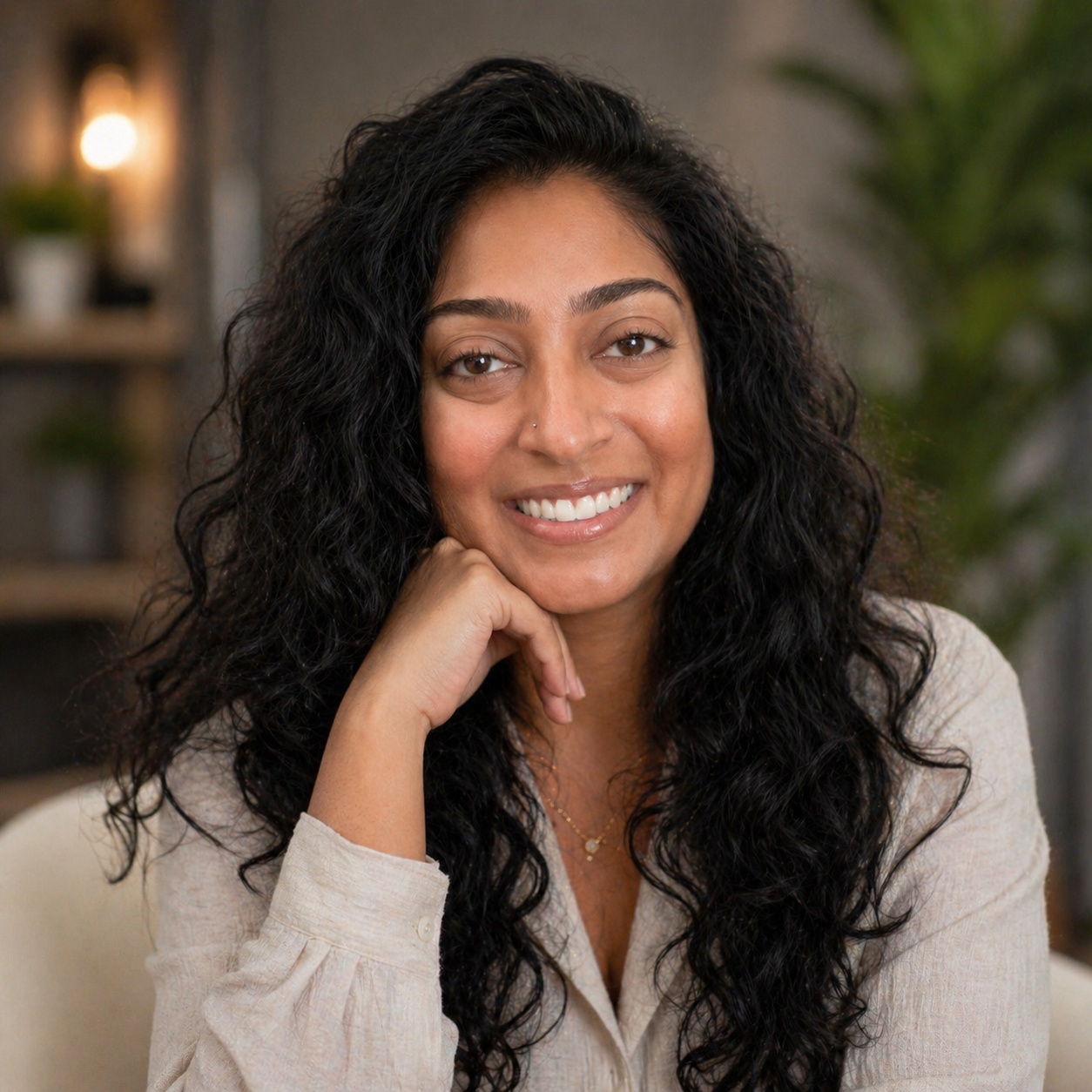 A woman with long, curly black hair smiling, resting her chin on her hand, in a cozy indoor setting.
