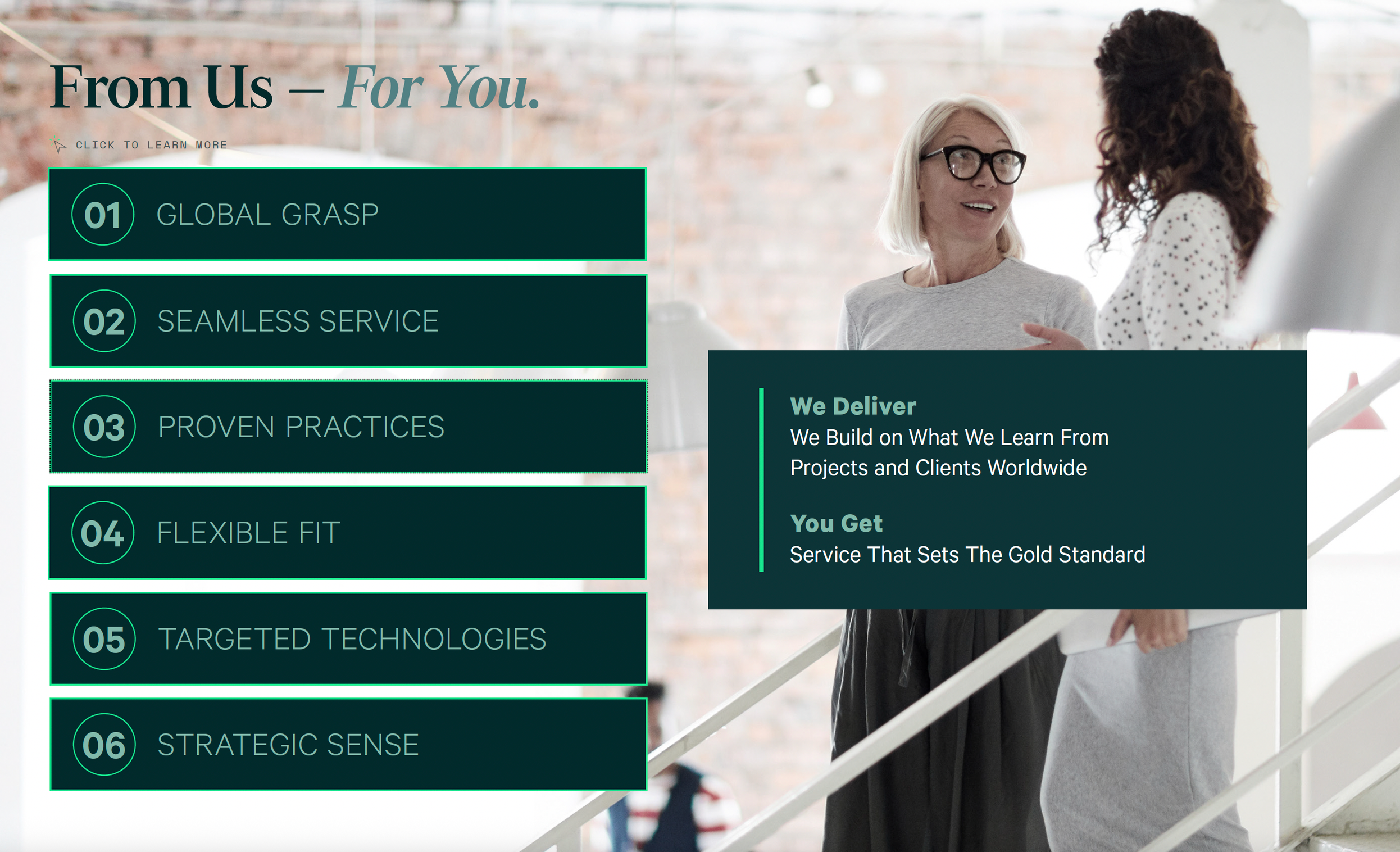 A website homepage with a sidebar menu featuring numbered sections and a background image of two women in conversation, one with gray hair and glasses and the other with curly dark hair.