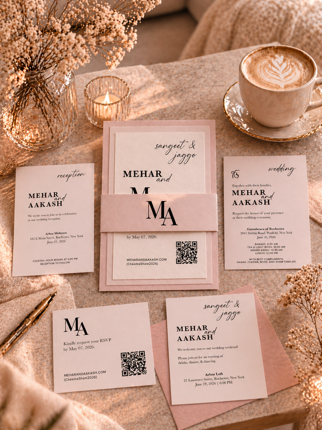 Wedding invitations and details on a table with a cup of coffee, a candle, and floral decoration. The invitations are pink and cream with black text and include RSVP, main wedding invitation, and reception cards, all with QR codes.