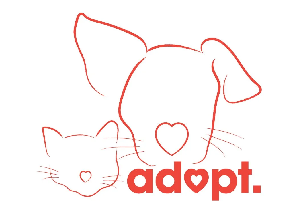 Line drawing of a dog and a cat with hearts on their faces, and the word 'adopt' with a heart in place of the letter 'o'.