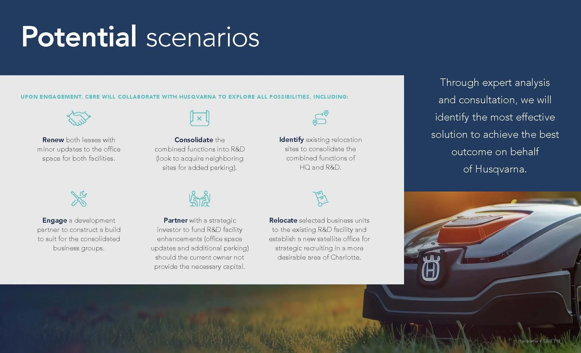 A presentation slide with the title 'Potential scenarios' and a side panel with text about collaboration with Husqvarna, including bullet points and icons; showing part of a car with a Husqvarna logo on its grille.