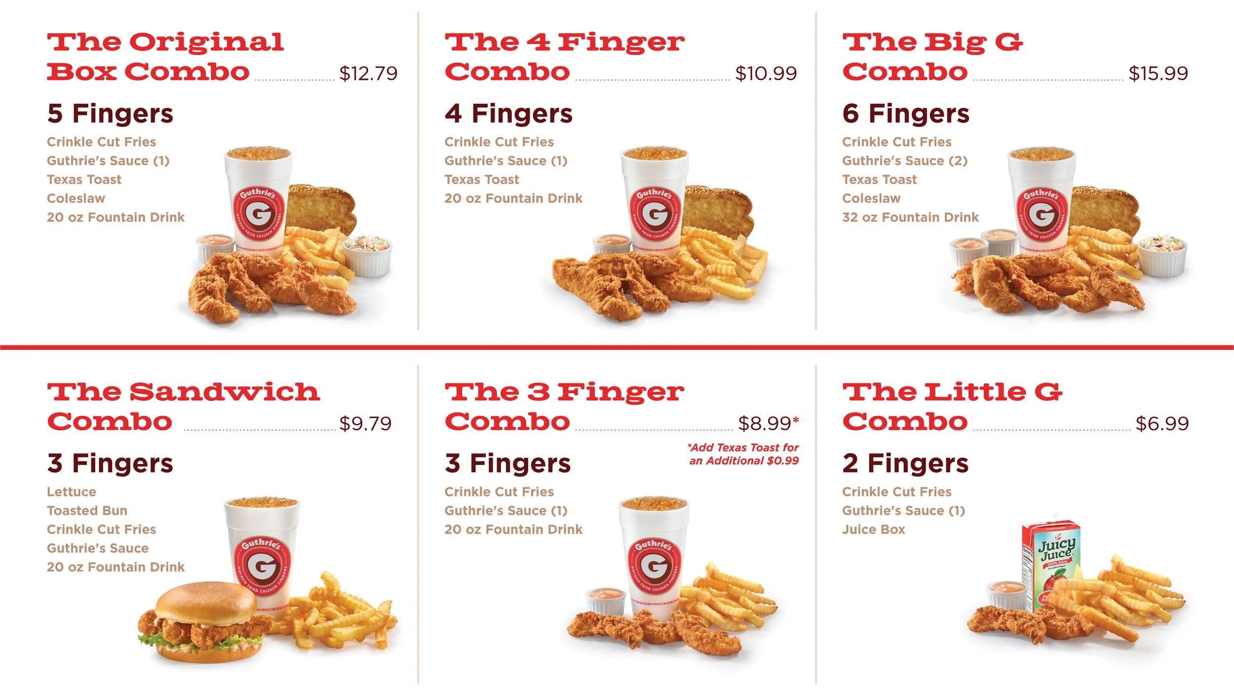 Menu showcasing different combo meal options from Guthrie's, including The Original Box Combo, The 4 Finger Combo, and The Big G Combo, featuring fried chicken, fries, Texas toast, coleslaw, and fountain drinks. Each combo has prices listed.