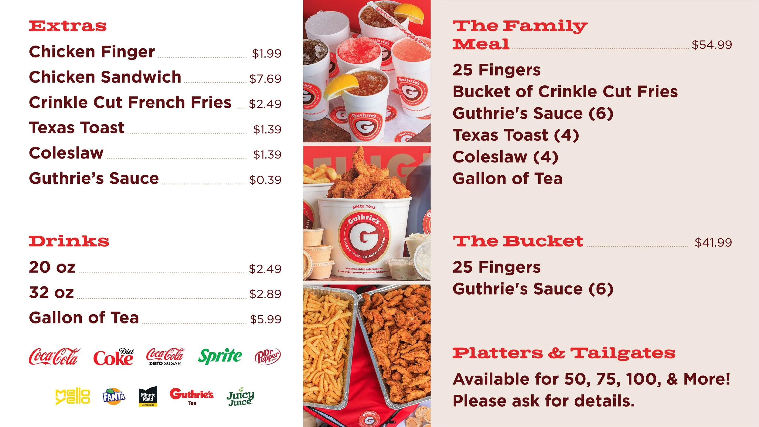 Menu showing extras, drinks, family meal, bucket, and platters at Guthrie's restaurant, featuring fried chicken, fries, Texas toast, coleslaw, tea, and sides like crinkle cut fries and chicken fingers.