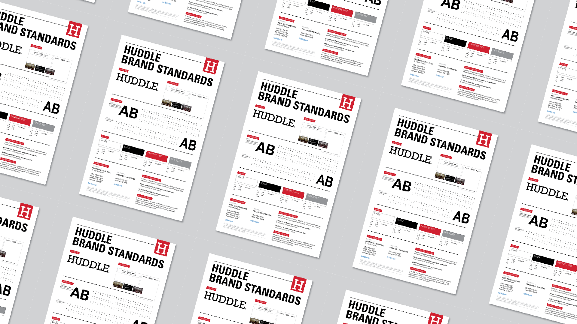 Repeated pages of a document titled 'Huddle Brand Standards' with sections on colors, fonts, and layouts, featuring red, black, gray, and white color schemes.