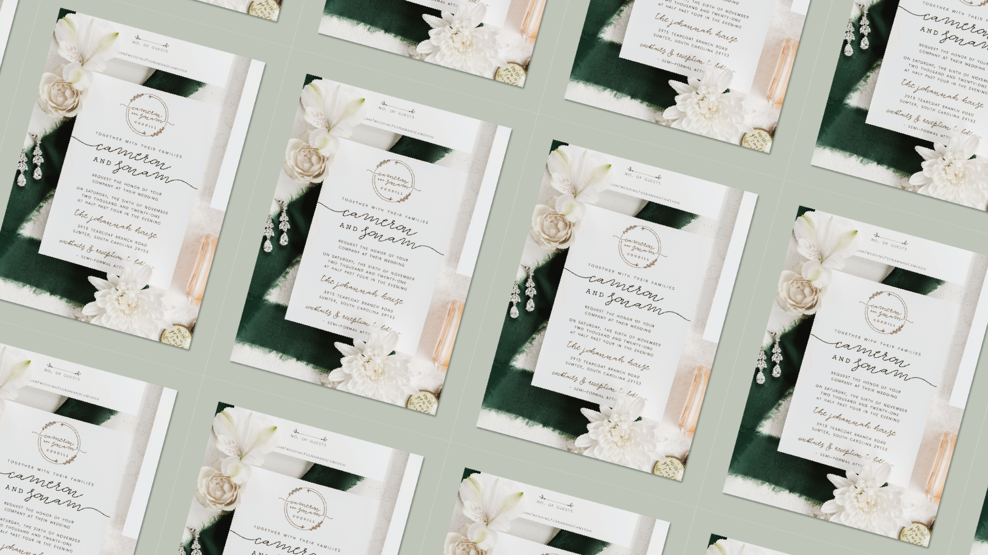 Multiple wedding invitation cards with a floral design, featuring white orchids and a flower arrangement, and dark green watercolor background.