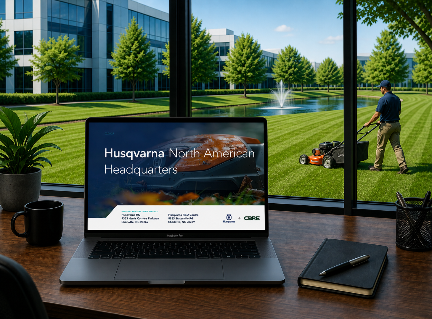 Office desk with a laptop displaying Husqvarna North American Headquarters, a potted plant, a black mug, a closed notebook with a pen, and a view of a man mowing grass outside in a well-maintained office park with modern glass buildings, trees, and a water fountain.