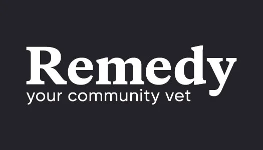 Remedy your community vet logo in black and white.
