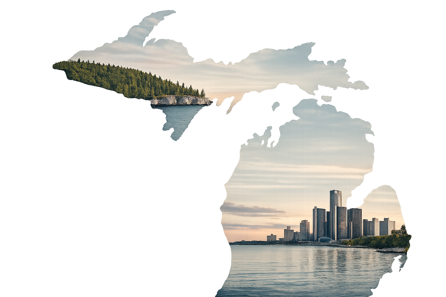 Michigan state outline with Detroit skyline