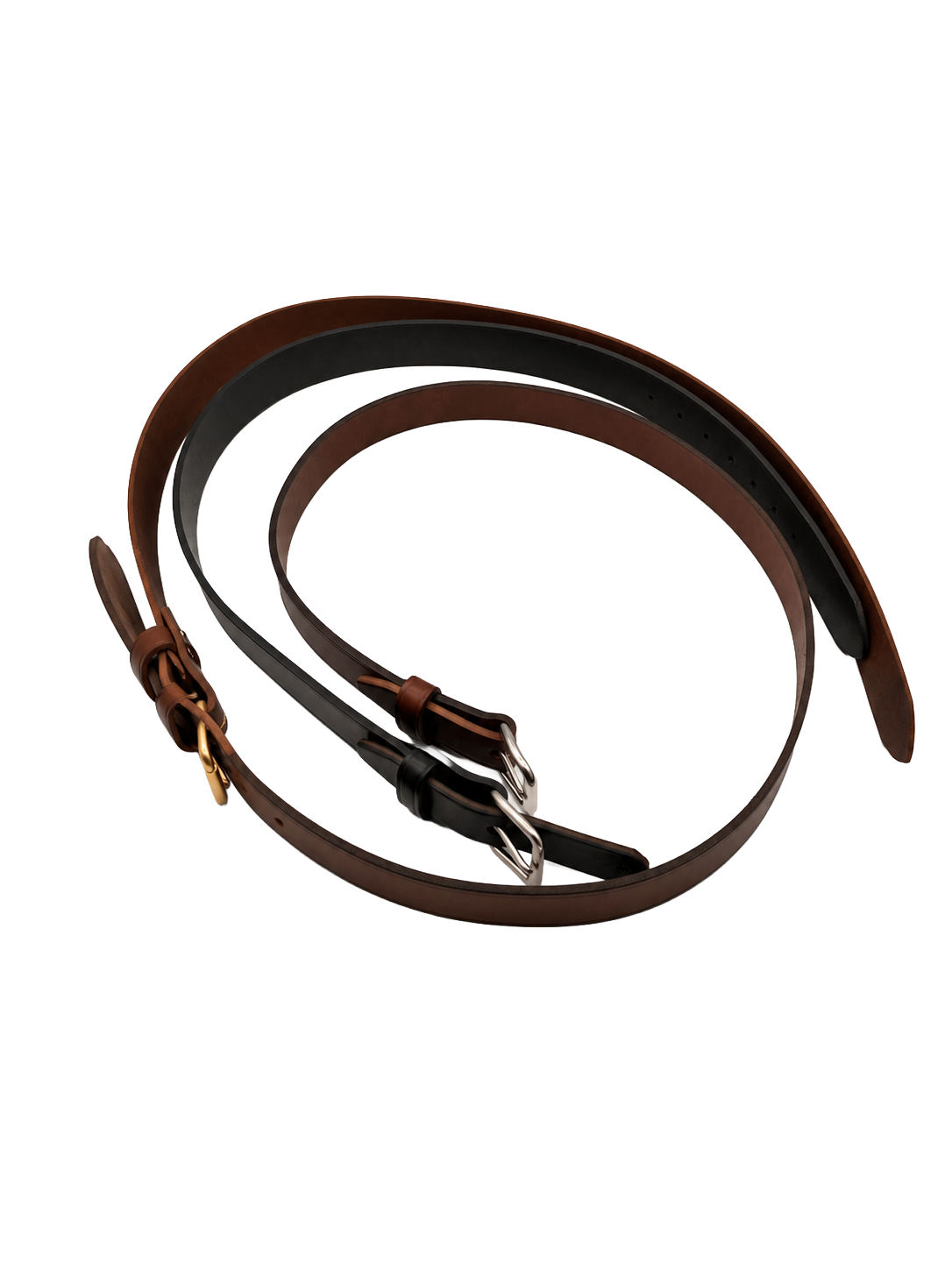 Brown leather belt with a gold buckle.