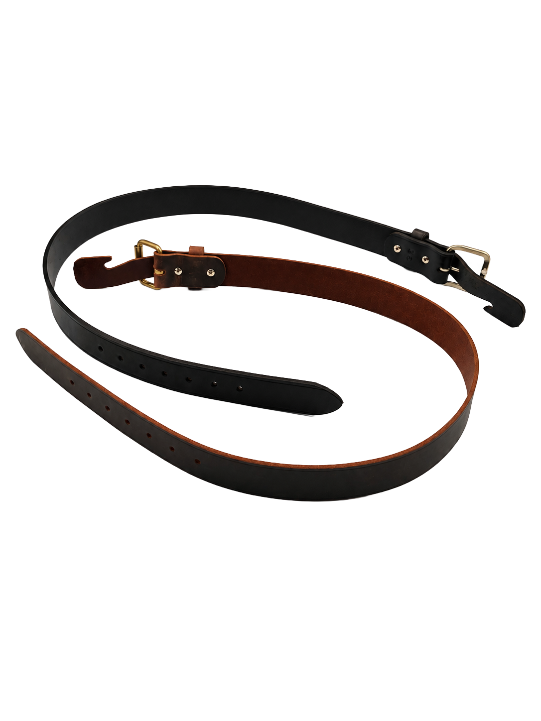 Two leather belts, one black and one brown, coiled with metal buckles, on a white background.