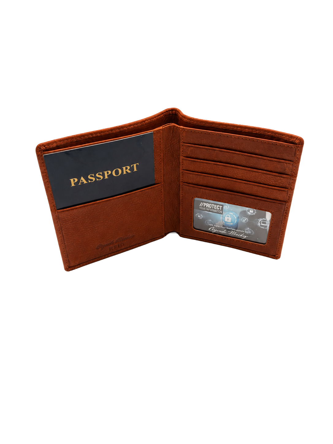 Open brown leather wallet with slots for cards and a clear ID window, containing a dark blue passport inside